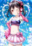  ;) \m/ black_hair blush bow cheerleader closed_mouth cloud collarbone confetti cowboy_shot crop_top day elbow_gloves english eyebrows_visible_through_hair fang fingerless_gloves gloves hair_between_eyes hair_bow hand_on_hip headset looking_at_viewer love_live! love_live!_school_idol_project midriff miniskirt morerin navel one_eye_closed outdoors pink_gloves pleated_skirt polka_dot_skirt pom_poms red_eyes shirt skirt sleeveless smile solo star takaramonozu tank_top taut_clothes taut_shirt twintails yazawa_nico 