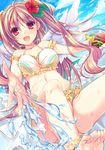  :d barefoot bikini breasts brown_eyes brown_hair bucket cleavage cocoa_(cafe-hotcocoa) day fang flower hair_flower hair_ornament halterneck hibiscus highres long_hair medium_breasts open_mouth original rake smile solo splashing swimsuit toes twintails very_long_hair white_bikini white_wings wings 