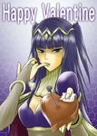  bracelet breasts bridal_gauntlets cape chocolate chocolate_heart cleavage finger_in_mouth fire_emblem fire_emblem:_kakusei hair_ornament happy_valentine heart hirabuki_masahiro incoming_gift jewelry long_hair medium_breasts nail purple_eyes purple_hair solo tharja two_side_up valentine 