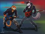  anthro beard black_hair black_nose canine duo facial_hair feline guitar hair male mammal pink_nose stoopix tiger wolf 