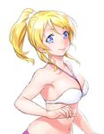  ayase_eli bikini blonde_hair blue_eyes breasts halterneck large_breasts long_hair looking_at_viewer love_live! love_live!_school_idol_project navel onsoku_maru ponytail scrunchie simple_background smile solo swimsuit white_background white_scrunchie 