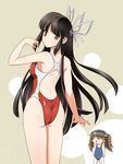  ass back black_hair breast_envy breasts brown_eyes competition_swimsuit flat_chest hair_ribbon highres hiyou_(kantai_collection) kantai_collection long_hair looking_back multiple_girls onaya_masakazu one-piece_swimsuit open_mouth ribbon ryuujou_(kantai_collection) sweatdrop swimsuit visor_cap white_ribbon 