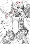  anna_(frozen) boots braid breasts cosplay freckles frozen_(disney) garter_straps highlights highres kago-tan kill_la_kill long_hair matoi_ryuuko matoi_ryuuko_(cosplay) medium_breasts miniskirt monochrome multicolored_hair navel panties revealing_clothes scissor_blade senketsu sketch skirt solo spot_color suspenders thigh_boots thighhighs twin_braids underboob underwear weapon 