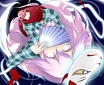  covering_mouth denka_plus fan folding_fan hata_no_kokoro long_hair mask pink_eyes pink_hair plaid plaid_shirt shirt skirt solo touhou upside-down very_long_hair 