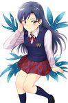  black_hair brown_eyes highres idolmaster idolmaster_(classic) idolmaster_2 kisaragi_chihaya kneehighs loafers long_hair navy_blue_legwear plaid plaid_skirt school_uniform shoes sitting skirt smile solo sweater_vest the_best_schoolmate_(idolmaster) tsurui 