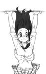  1girl blush demon_mages dress_shirt earrings greyscale handstand jason_robinson jewelry long_hair looking_at_viewer monochrome navel necktie out-of-frame_censoring pointy_ears shirt smile tara_olphoros upside-down 