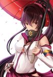  breasts brown_eyes brown_hair cherry_blossoms detached_sleeves flower hair_ornament kantai_collection large_breasts long_hair looking_at_viewer nannacy7 oriental_umbrella ponytail red_umbrella solo umbrella upper_body yamato_(kantai_collection) 
