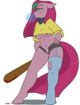  anthro anthrofied arnachy band-aid baseball_bat blood blue_eyes breasts bubble_gum clothed clothing cutie_mark equine female friendship_is_magic fur hair holding horse legwear long_hair mammal my_little_pony navel nipples pink_fur pink_hair pinkamena_(mlp) pinkie_pie_(mlp) plain_background pony skimpy solo standing stockings torn_clothing under_boob white_background 