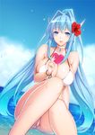  bikini blue_eyes blue_hair blush breasts choker cleavage day flower hair_flower hair_ornament head_fins hibiscus jewelry large_breasts lintanghaseo long_hair open_mouth original partially_submerged pendant shiny shiny_skin sitting smile solo strap_gap swimsuit water wet white_bikini 