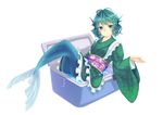  absurdres blue_hair cooler hand_up head_fins highres japanese_clothes kimono looking_at_viewer lying mermaid monster_girl obi oninoko sash short_hair smile solo touhou wakasagihime water wide_sleeves 