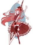  arms_behind_head bare_shoulders boots dress extra_arms fang full_body hair_ribbon long_hair looking_at_viewer magical_girl mahou_shoujo_madoka_magica mahou_shoujo_madoka_magica_movie one_eye_closed polearm ponytail red_eyes red_hair revision ribbon sakura_kyouko sigumado66 simple_background smile solo soul_gem spear thighhighs weapon white_background wrist_cuffs 