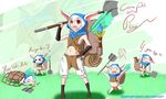  backpack chibi clothed clothing cute dota_2 english_text female group hair meepo_the_geomancer midriff net red_eyes renfortineri renfortineri_(artist) shovel text valve white_hair 