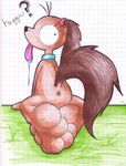  &lt;3 anus barefoot big_eyes big_paws brown_fur brown_hair canine collar cute dog english_text female fur graph_paper grass hair kneeling kokonut long_tail mammal nude pigtails saliva silly sissy solo text tongue tongue_out white_bacground 