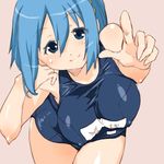  blue_eyes blue_hair breasts hair_ornament hairclip large_breasts leaning_forward lowres mahou_shoujo_madoka_magica miki_sayaka one-piece_swimsuit school_swimsuit shinama short_hair smile solo swimsuit 