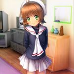  antenna_hair arms_behind_back blush brown_hair cardcaptor_sakura green_eyes hat kinomoto_sakura looking_at_viewer mutsuki_(moonknives) school_uniform short_hair skirt smile solo tomoeda_elementary_school_uniform white_hat 