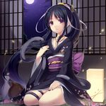  black_hair japanese_clothes kimono long_hair nail_polish night original purple_eyes reimin seiza sitting snake solo 