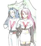  1girl bleeding blood blue_hair clothes_writing company_connection cosplay dragon fire_emblem fire_emblem:_kakusei gloves kojirou_(pokemon) kojirou_(pokemon)_(cosplay) long_hair midriff minerva_(fire_emblem:_kakusei) musashi_(pokemon) musashi_(pokemon)_(cosplay) pokemon pokemon_(anime) red_eyes red_hair senn serge_(fire_emblem) short_hair smile sweatdrop team_rocket thighhighs viole_(fire_emblem) 