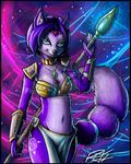  anthro breasts canine cleavage clothed clothing collar female fox fur green_eyes hair krystal mammal navel necklace nintendo polearm purple_fur purple_hair richardah skimpy solo staff star_fox tattoo unconvincing_armor video_games watermark 