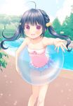  :d black_hair braid brown_eyes casual_one-piece_swimsuit foreshortening hair_bobbles hair_ornament highres innertube one-piece_swimsuit open_mouth original outstretched_hand pink_swimsuit pool smile solo swimsuit twintails usashiro_mani 