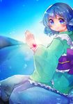  absurdres blue_hair bracelet gem hand_up head_fins highres japanese_clothes jewelry kimono lake lens_flare looking_at_viewer mermaid monster_girl obi sash short_hair shukinuko sitting smile solo touhou wakasagihime water wide_sleeves 