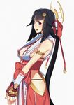  ar_nosurge black_hair blurry blush breasts cleavage depth_of_field fingerless_gloves gloves hair_ornament japanese_clothes long_hair medium_breasts obi open_mouth ponytail rachette_(ar_nosurge) red_eyes red_gloves sash simple_background sleeveless smile solo surge_concerto tatsuwo very_long_hair 