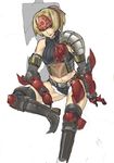  armor blonde_hair breasts forehead_protector gauntlets highres kuroobi_(armor) large_breasts long_hair looking_at_viewer monster_hunter ponytail shorts sitting solo spiked_knuckles spikes striped taaki_(taki0123) vertical_stripes 