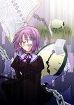  chain cropped_jacket ef eyepatch long_sleeves looking_away notebook paper puffy_sleeves purple_hair school_uniform sheep shindou_chihiro short_hair solo standing yellow_eyes 