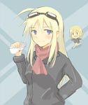  ahoge blonde_hair blue_background blue_eyes check_character chibi erica_hartmann goggles goggles_on_head hanna-justina_marseille jacket long_hair multiple_girls running ruriho scarf short_hair simple_background strike_witches world_witches_series 