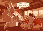  bow_tie cafe canine chest_tuft clothing cuffs dialog fox fur greenendorf hair lagomorph male mammal muscles paper pen rabbit shirt text tuft vest waiter white_hair 