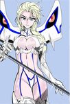  absurdres biting blonde_hair boots braid breasts cleavage cleavage_cutout collaboration cosplay elsa_(frozen) frozen_(disney) garter_straps hair_ornament hair_over_shoulder hairclip highres junketsu kago-tan katana kill_la_kill kiryuuin_satsuki kiryuuin_satsuki_(cosplay) large_breasts lip_biting long_hair muguno navel revealing_clothes revision single_braid solo suspenders sword thigh_boots thighhighs tsurime vector_trace weapon 