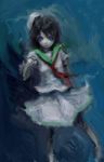 black_hair blue_eyes boots expressionless faux_traditional_media glowing glowing_eyes hat hiepita_(1014) highres knee_boots looking_at_viewer murasa_minamitsu neckerchief sailor_hat shirt short_hair skirt solo touhou underwater 