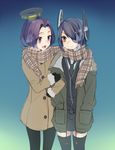  arm_hug black_hair coat eyepatch hair_ornament hands_in_pockets jacket kantai_collection mechanical_halo mittens multiple_girls open_mouth pantyhose plaid plaid_scarf purple_eyes purple_hair scarf shared_scarf short_hair smile tatsuta_(kantai_collection) tenryuu_(kantai_collection) thighhighs winter_clothes winter_coat yellow_eyes yue_teitoku 