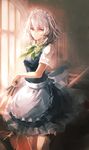  60mai apron between_fingers blue_dress bow braid dress holster izayoi_sakuya knife looking_at_viewer maid maid_headdress mop pink_eyes shirt short_sleeves silver_hair solo thigh_holster touhou twin_braids waist_apron window 