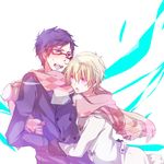  bad_id bad_pixiv_id blonde_hair blush coat eyelashes free! glasses hazuki_nagisa male_focus multiple_boys open_mouth pink_eyes purple_eyes purple_hair red-framed_eyewear ryuugazaki_rei scarf short_hair sobame_shi_o white_background winter_clothes winter_coat yaoi 