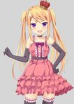  blonde_hair character_request crown dress elbow_gloves fang garters gloves hand_on_hip long_hair looking_at_viewer ok-ray open_mouth purple_eyes sleeveless sleeveless_dress solo thighhighs twintails 