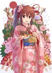  2014 :d balancing bamboo blush brown_eyes brown_hair egasumi ema english fan floral_print flower folding_fan furisode hair_flower hair_ornament hair_ribbon hairpin hanetsuki happy_new_year holding horse japanese_clothes kagami_mochi kimono leaf long_sleeves looking_at_viewer new_year npcpepper obi open_mouth original petals ponytail ribbon rope sash shide shimenawa smile solo white_background 