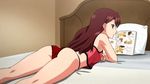  1girl agent_aika aika_r-16 animated animated_gif ass bed book camisole female legs long_hair looking_at_viewer looking_back lying magazine on_stomach panties pillow red_panties shingai_eri solo thighs underwear 