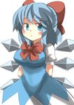  alternate_breast_size arms_behind_back blue_dress blue_eyes blue_hair blush bow breasts cirno dress gaoo_(frpjx283) hair_bow highres large_breasts looking_at_viewer open_mouth short_hair simple_background solo touhou white_background wings 
