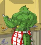 abs alligator anthro apron back back_turned biceps big_muscles carrot clothing cooking crocodile flammars food frown green_skin horn kitchen knife male muscles orange_eyes pecs pose reptile scales scalie shorts solo spoon standing toned topless wani yellow_eyes yellow_skin 