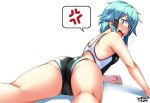  anger_vein aqua_eyes aqua_hair artist_name ass black_swimsuit commentary_request competition_swimsuit dated flying_sweatdrops from_behind hair_ornament hairclip highres looking_at_viewer looking_back lying on_stomach one-piece_swimsuit short_hair simple_background sinon solo speech_bubble spoken_anger_vein swimsuit sword_art_online tsuchimiya upper_body white_background 