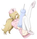  binbougami_ga! blonde_hair blush cast garter_straps hair_over_one_eye hat leg_up long_hair looking_at_viewer manaka_(pdx) momiji_(binbougami_ga!) nurse nurse_cap open_mouth panties smile solo syringe thighhighs twintails underwear yellow_eyes 