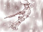  evin goggles goggles_on_head gun hand_on_own_head hanna-justina_marseille head_wings highres long_hair machine_gun mg34 military military_uniform monochrome sketch skirt solo strike_witches striker_unit tail_feathers uniform weapon world_witches_series 