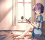  actop barefoot bed ef expressionless eyepatch full_body hair_ornament hairclip hospital_bed indoors light looking_at_viewer notebook purple_hair shindou_chihiro short_hair sitting solo window writing yellow_eyes 