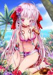  :p ahoge beach bikini blush breasts cleavage crab flower food frilled_bikini frills front-tie_top givuchoko hibiscus highres ice_cream long_hair medium_breasts original palm_tree purple_bikini purple_eyes sandals shiny shiny_skin silver_hair sitting smile solo swimsuit tongue tongue_out tree wariza 