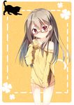  brown_hair cat child clothes_tug flat_chest glasses kei_(pixiv2548624) long_hair naked_sweater no_pants off_shoulder original red_eyes solo sweater sweater_tug 