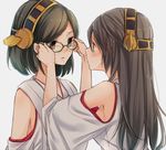  adjusting_another's_eyewear adjusting_eyewear bare_shoulders black_hair blue_eyes blush breasts brown_eyes eye_contact glasses green-framed_eyewear hair_ornament hairband hairclip haruna_(kantai_collection) kantai_collection kirishima_(kantai_collection) long_hair looking_at_another medium_breasts multiple_girls nontraditional_miko short_hair sideboob yue_teitoku yuri 