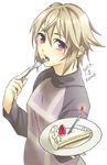  2013 bad_id bad_pixiv_id birthday blonde_hair cake dated eating expressionless food fork giving holding kona_(silent913) looking_at_viewer plate red_eyes short_hair solo urotsuki yume_2kki 