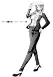  belt breasts check_translation cleavage formal greyscale hand_on_hip high_heels large_breasts long_hair md5_mismatch monochrome office_lady original pant_suit pointing scp_foundation shinikake smile solo suit translated translation_request 