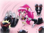  aino_megumi boots bow broken chibi choiark cure_lovely happinesscharge_precure! hitting human_weapon leg_grab long_hair magical_girl mameshiba pink_bow pink_eyes pink_hair ponytail precure scared skirt smile thigh_boots thighhighs wide_ponytail 