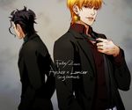  artist_name bifanghuanshi black_hair blonde_hair character_name copyright_name dated earrings fate/zero fate_(series) formal gilgamesh jewelry lancer_(fate/zero) multiple_boys necktie red_eyes suit 